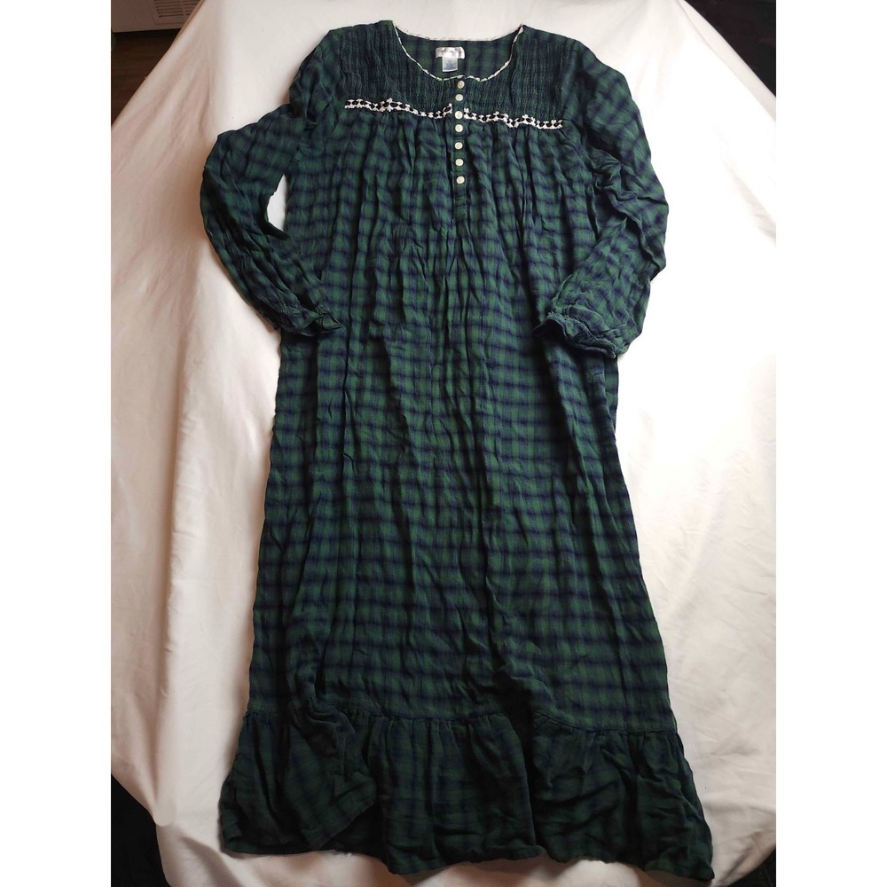 Fundamentals Nightgown Womens XL Green Blue Plaid Boho Lounge Cottagecore